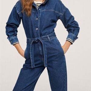 MANGO Straight Leg Belted Denim Jumpsuit